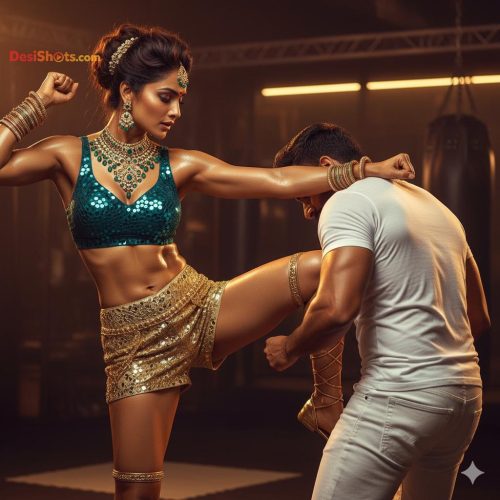 Stunning-Model-in-bridal-jewellary-emballishes-miniskirt-and-sports-bra-working-out-in-gym-and-dominating-her-partner-10