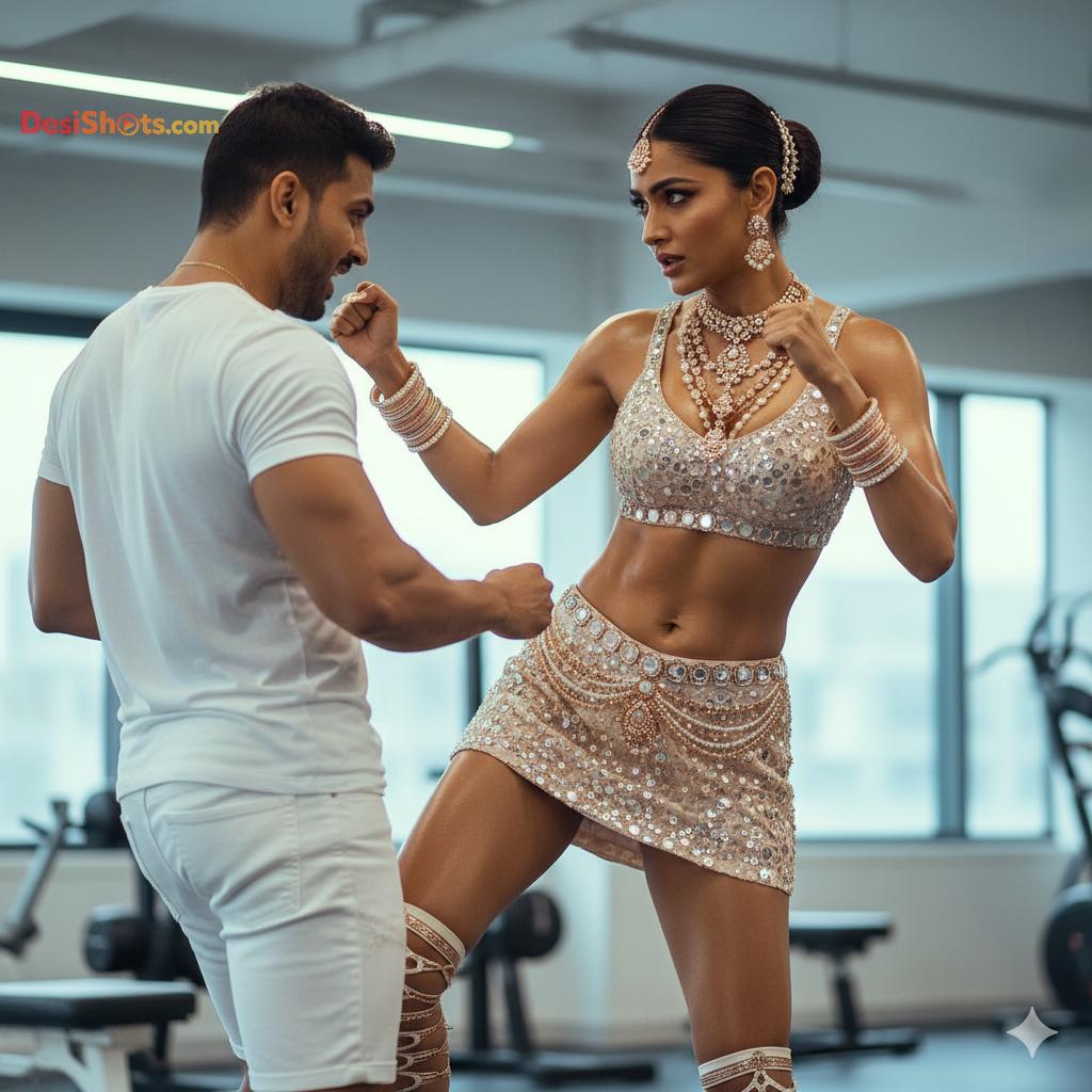 Stunning-Model-in-bridal-jewellary-emballishes-miniskirt-and-sports-bra-working-out-in-gym-and-dominating-her-partner-115