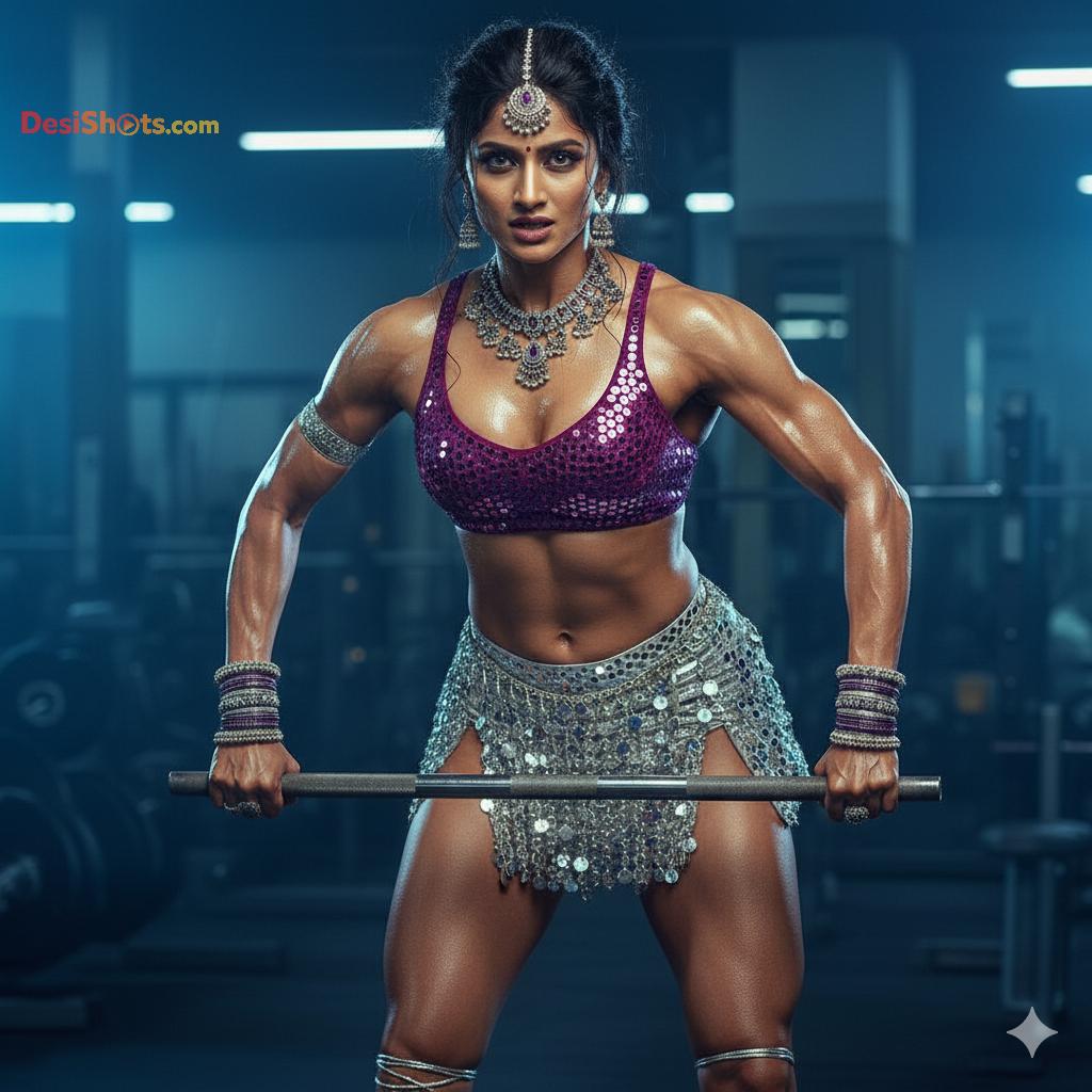 Stunning-Model-in-bridal-jewellary-emballishes-miniskirt-and-sports-bra-working-out-in-gym-and-dominating-her-partner-119