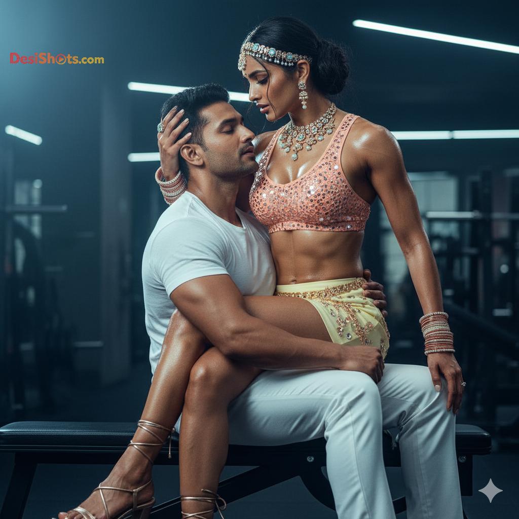 Stunning-Model-in-bridal-jewellary-emballishes-miniskirt-and-sports-bra-working-out-in-gym-and-dominating-her-partner-122