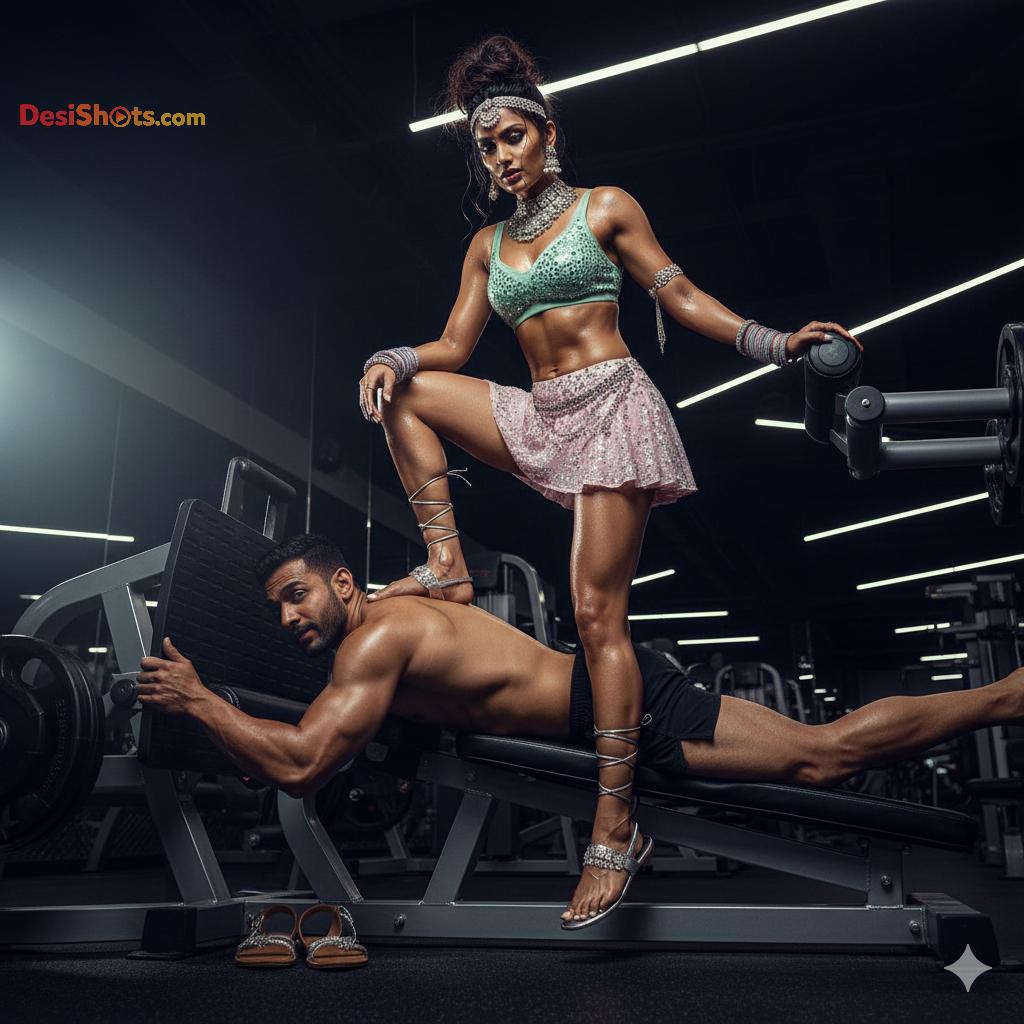 Stunning-Model-in-bridal-jewellary-emballishes-miniskirt-and-sports-bra-working-out-in-gym-and-dominating-her-partner-125