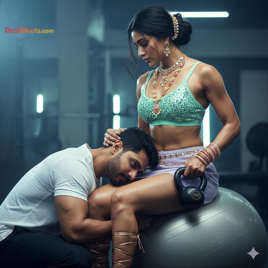 Stunning-Model-in-bridal-jewellary-emballishes-miniskirt-and-sports-bra-working-out-in-gym-and-dominating-her-partner-132