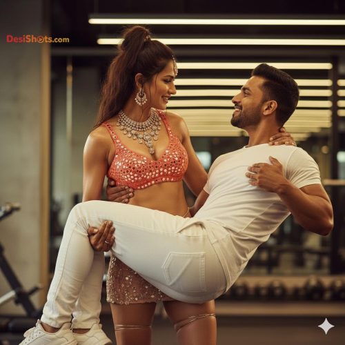 Stunning-Model-in-bridal-jewellary-emballishes-miniskirt-and-sports-bra-working-out-in-gym-and-dominating-her-partner-14