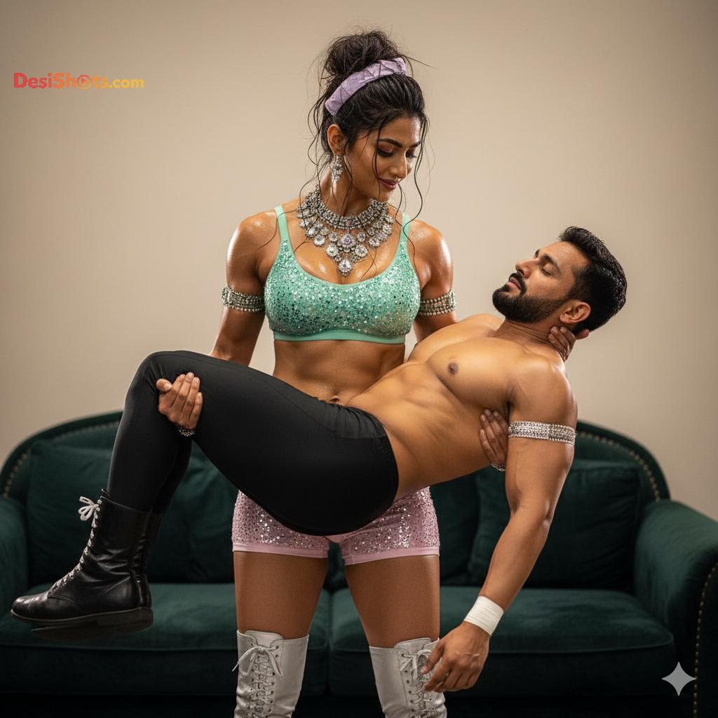 Stunning-Model-in-bridal-jewellary-emballishes-miniskirt-and-sports-bra-working-out-in-gym-and-dominating-her-partner-145