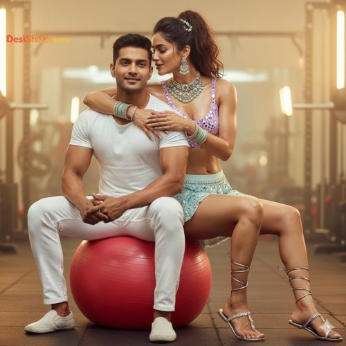 Stunning-Model-in-bridal-jewellary-emballishes-miniskirt-and-sports-bra-working-out-in-gym-and-dominating-her-partner-22