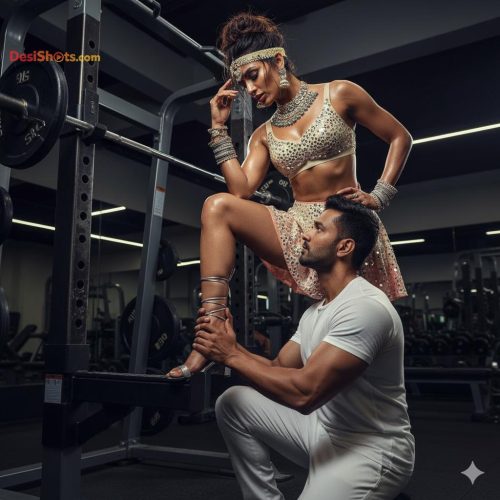 Stunning-Model-in-bridal-jewellary-emballishes-miniskirt-and-sports-bra-working-out-in-gym-and-dominating-her-partner-27
