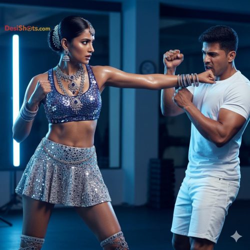 Stunning-Model-in-bridal-jewellary-emballishes-miniskirt-and-sports-bra-working-out-in-gym-and-dominating-her-partner-28