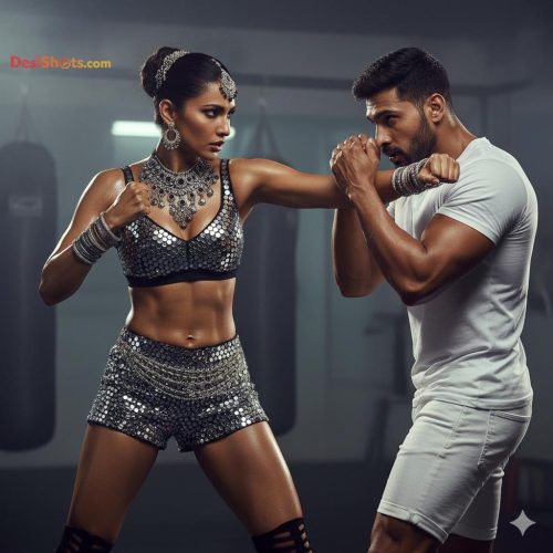 Stunning-Model-in-bridal-jewellary-emballishes-miniskirt-and-sports-bra-working-out-in-gym-and-dominating-her-partner-3