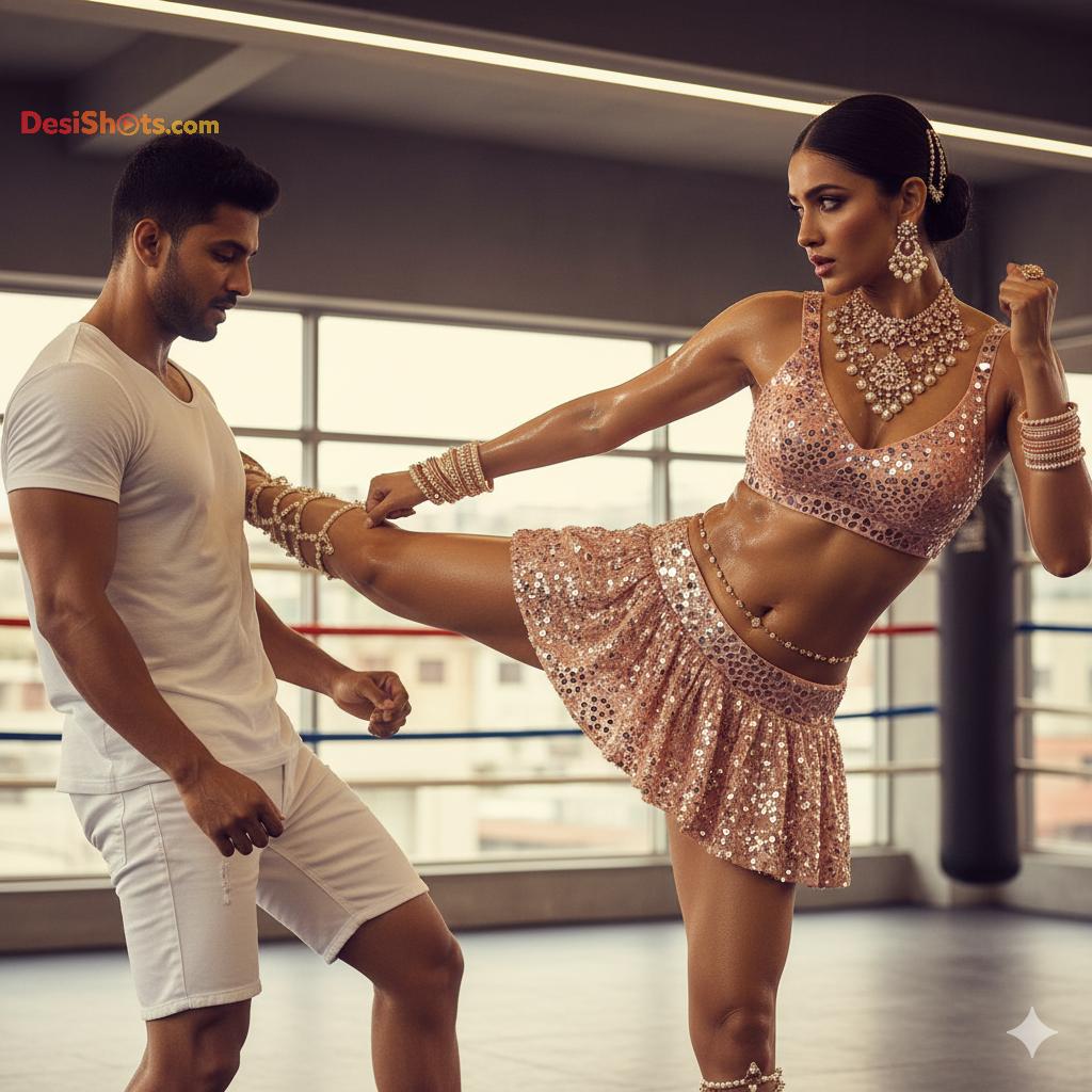 Stunning-Model-in-bridal-jewellary-emballishes-miniskirt-and-sports-bra-working-out-in-gym-and-dominating-her-partner-32