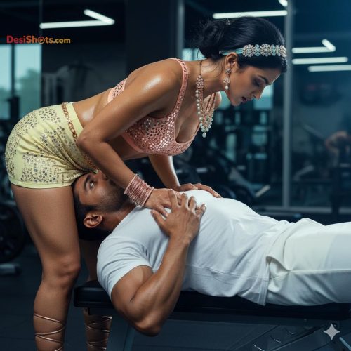 Stunning-Model-in-bridal-jewellary-emballishes-miniskirt-and-sports-bra-working-out-in-gym-and-dominating-her-partner-4