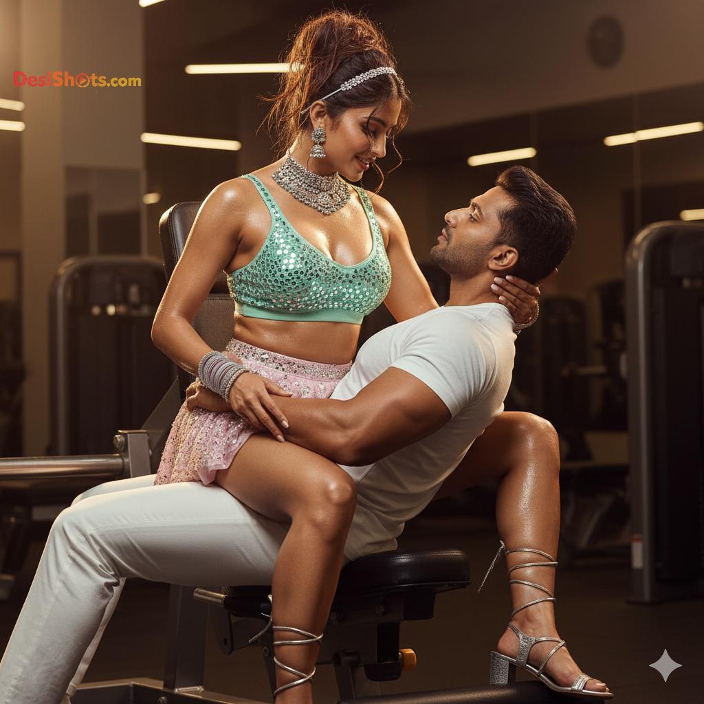 Stunning-Model-in-bridal-jewellary-emballishes-miniskirt-and-sports-bra-working-out-in-gym-and-dominating-her-partner-49