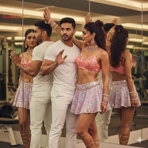 Stunning-Model-in-bridal-jewellary-emballishes-miniskirt-and-sports-bra-working-out-in-gym-and-dominating-her-partner-5
