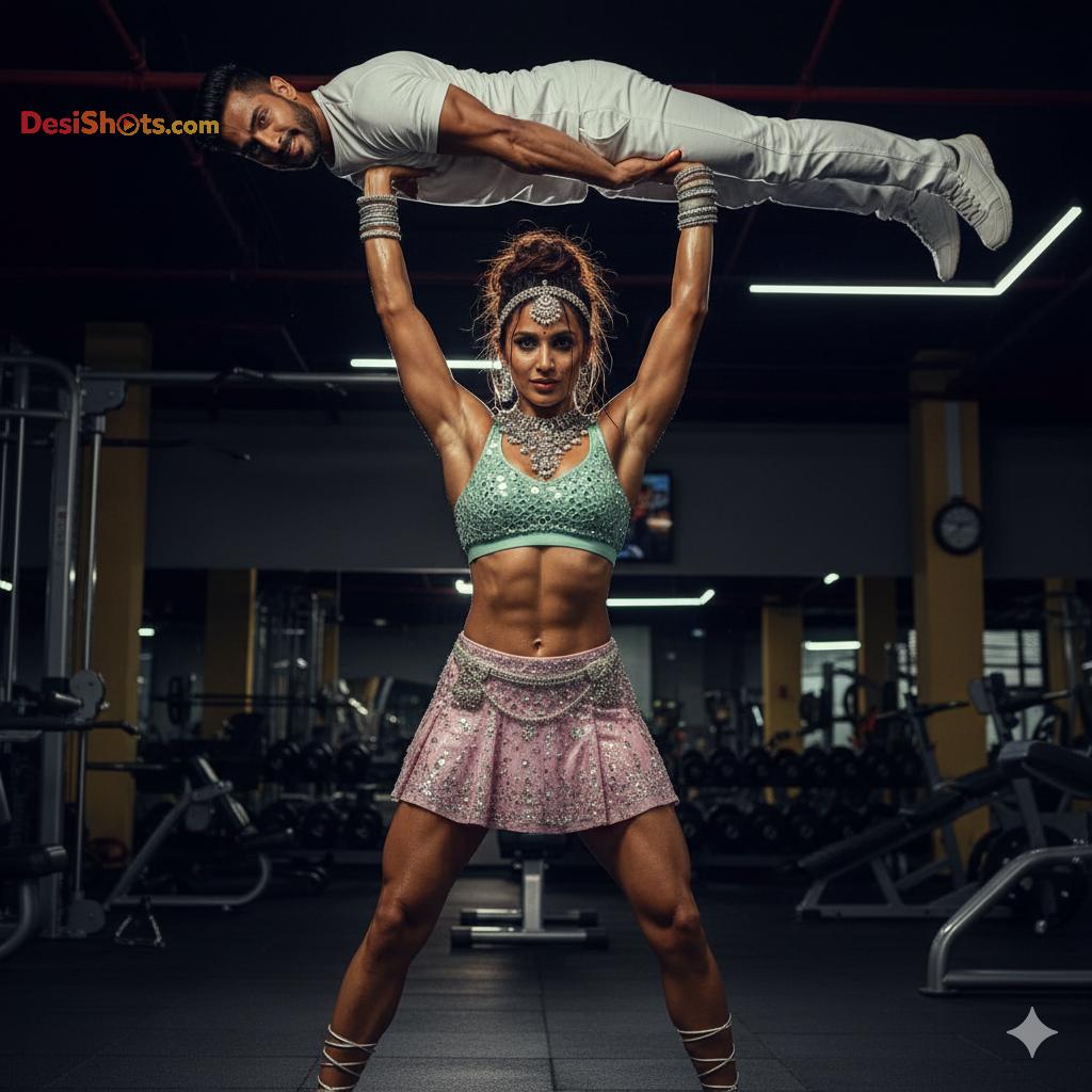 Stunning-Model-in-bridal-jewellary-emballishes-miniskirt-and-sports-bra-working-out-in-gym-and-dominating-her-partner-51