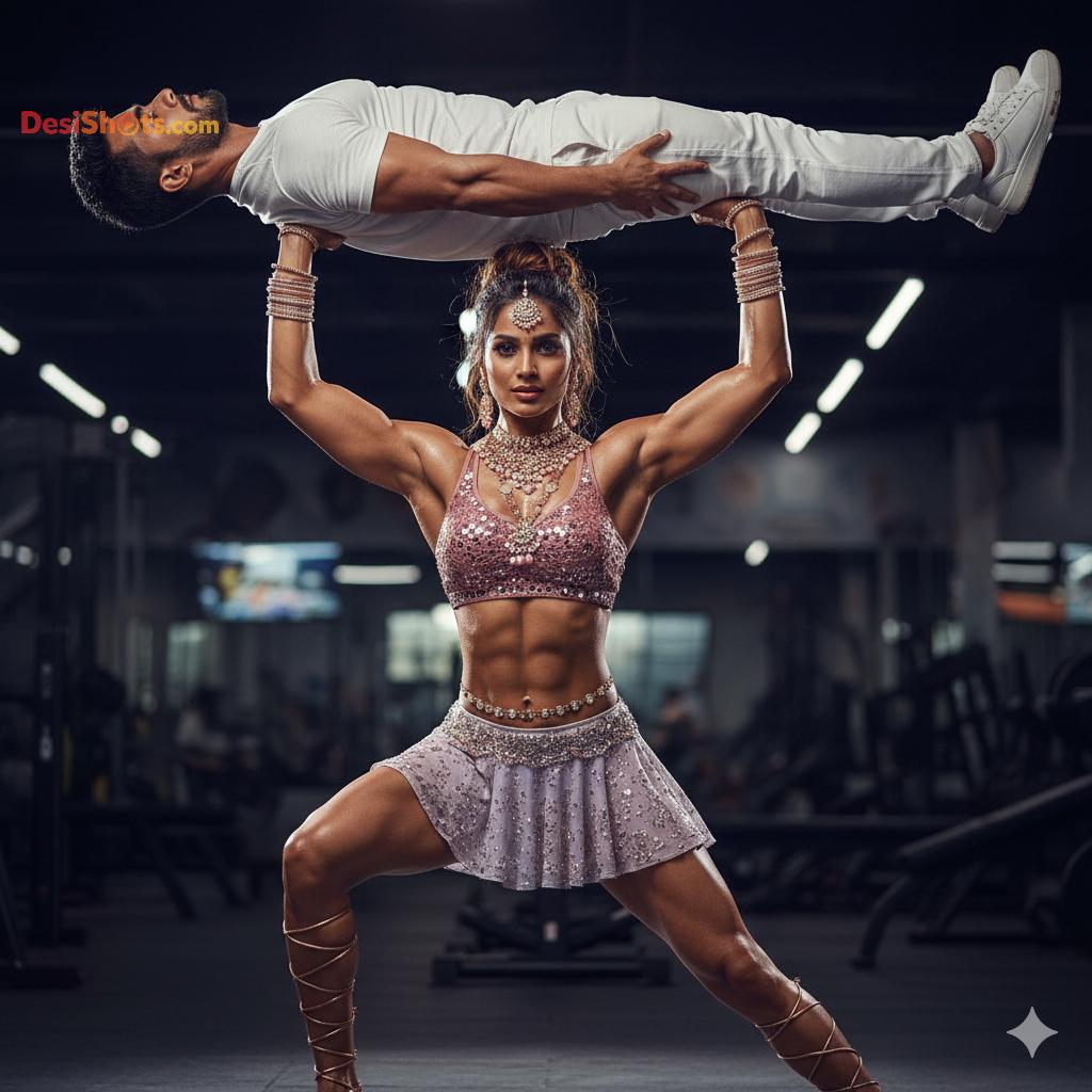 Stunning-Model-in-bridal-jewellary-emballishes-miniskirt-and-sports-bra-working-out-in-gym-and-dominating-her-partner-57