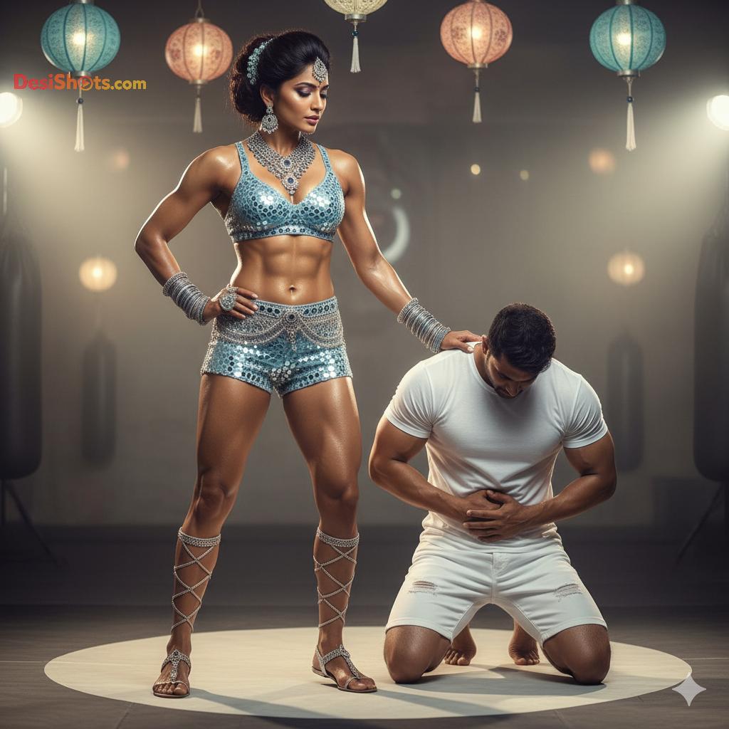 Stunning-Model-in-bridal-jewellary-emballishes-miniskirt-and-sports-bra-working-out-in-gym-and-dominating-her-partner-58