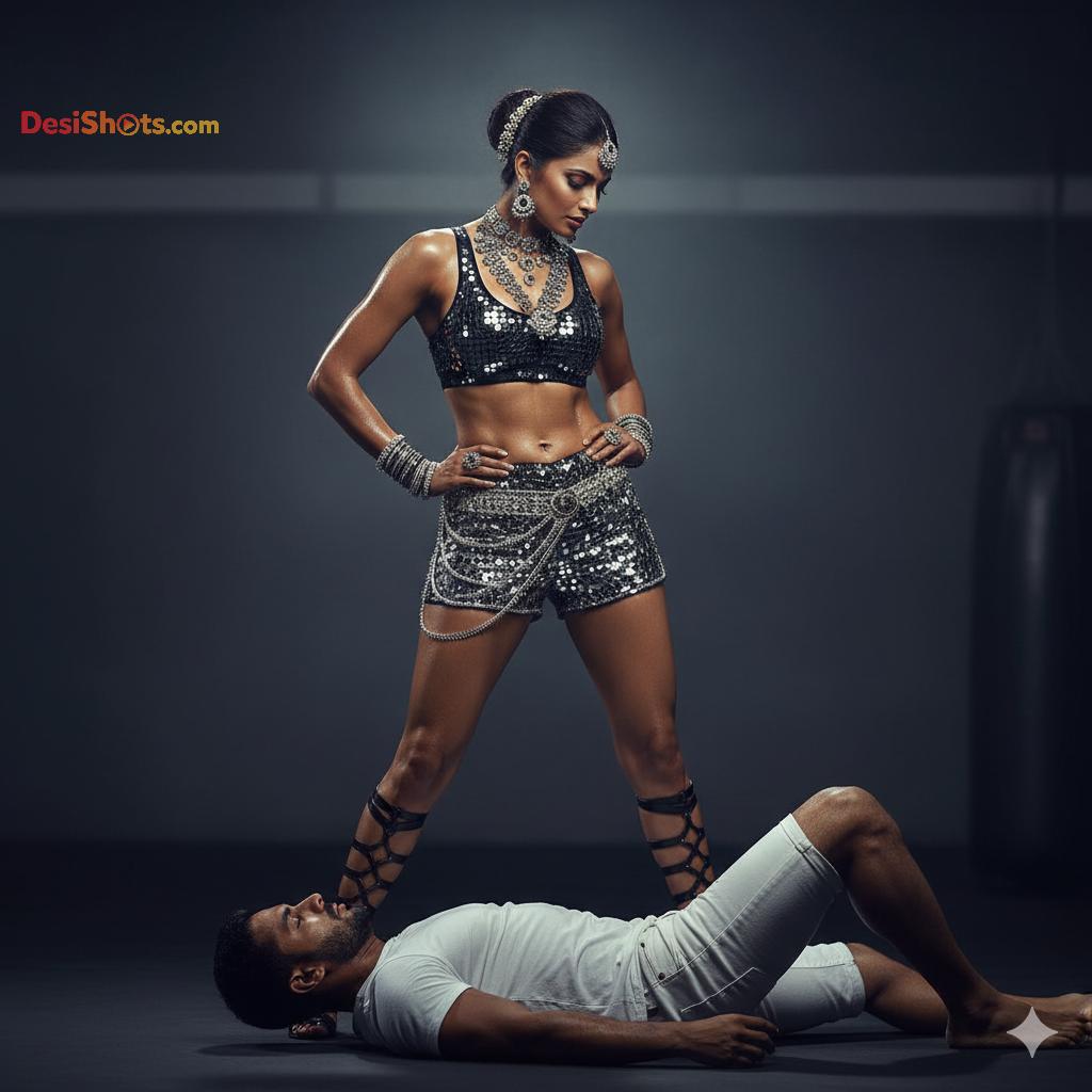 Stunning-Model-in-bridal-jewellary-emballishes-miniskirt-and-sports-bra-working-out-in-gym-and-dominating-her-partner-70