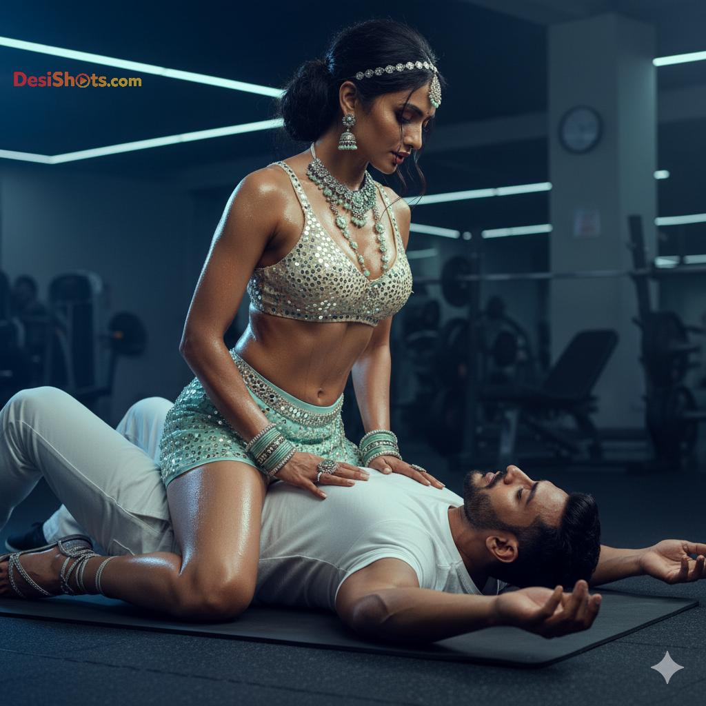 Stunning-Model-in-bridal-jewellary-emballishes-miniskirt-and-sports-bra-working-out-in-gym-and-dominating-her-partner-71