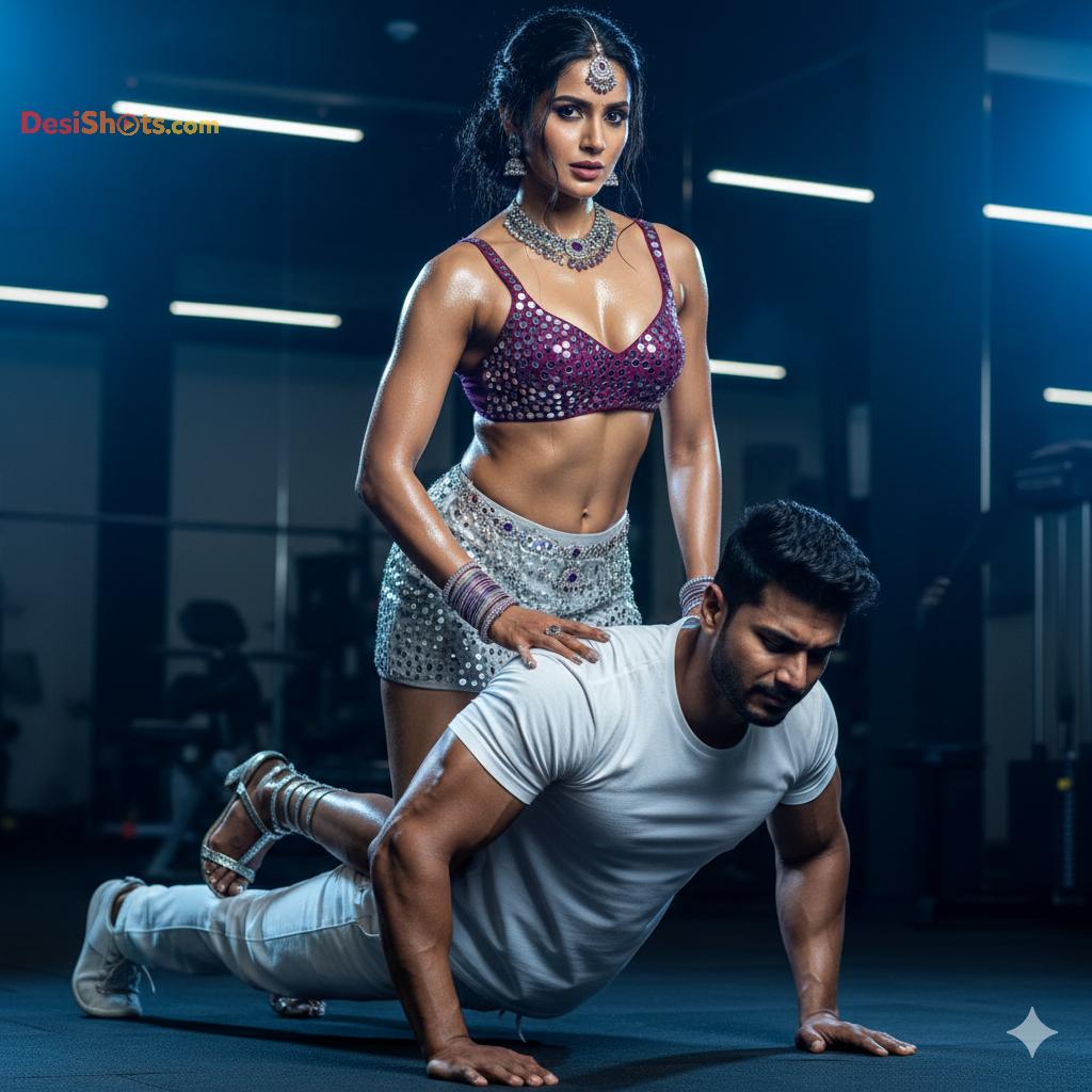 Stunning-Model-in-bridal-jewellary-emballishes-miniskirt-and-sports-bra-working-out-in-gym-and-dominating-her-partner-74