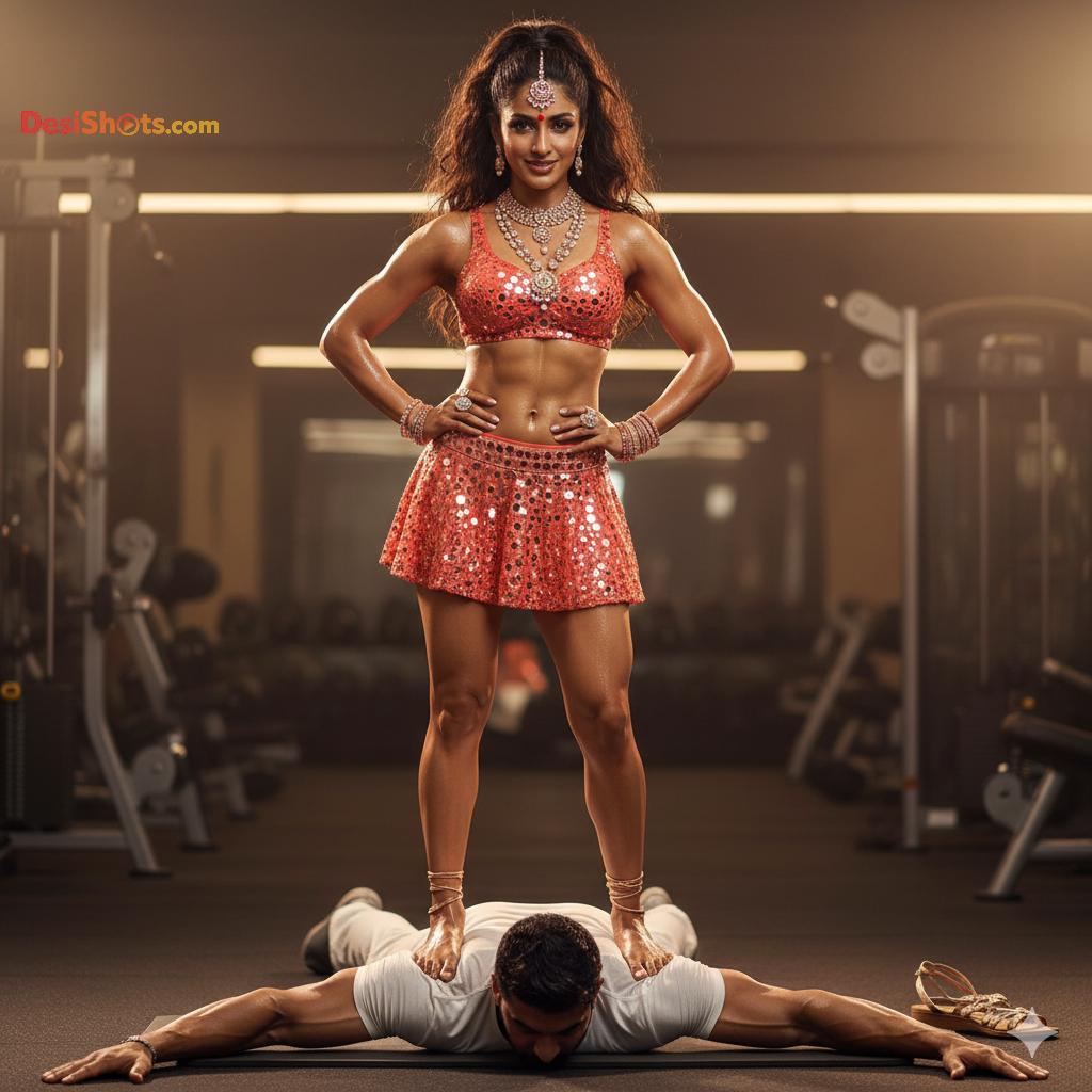 Stunning-Model-in-bridal-jewellary-emballishes-miniskirt-and-sports-bra-working-out-in-gym-and-dominating-her-partner-75