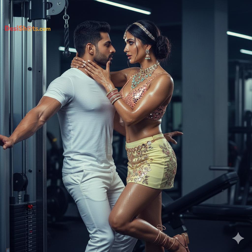 Stunning-Model-in-bridal-jewellary-emballishes-miniskirt-and-sports-bra-working-out-in-gym-and-dominating-her-partner-77