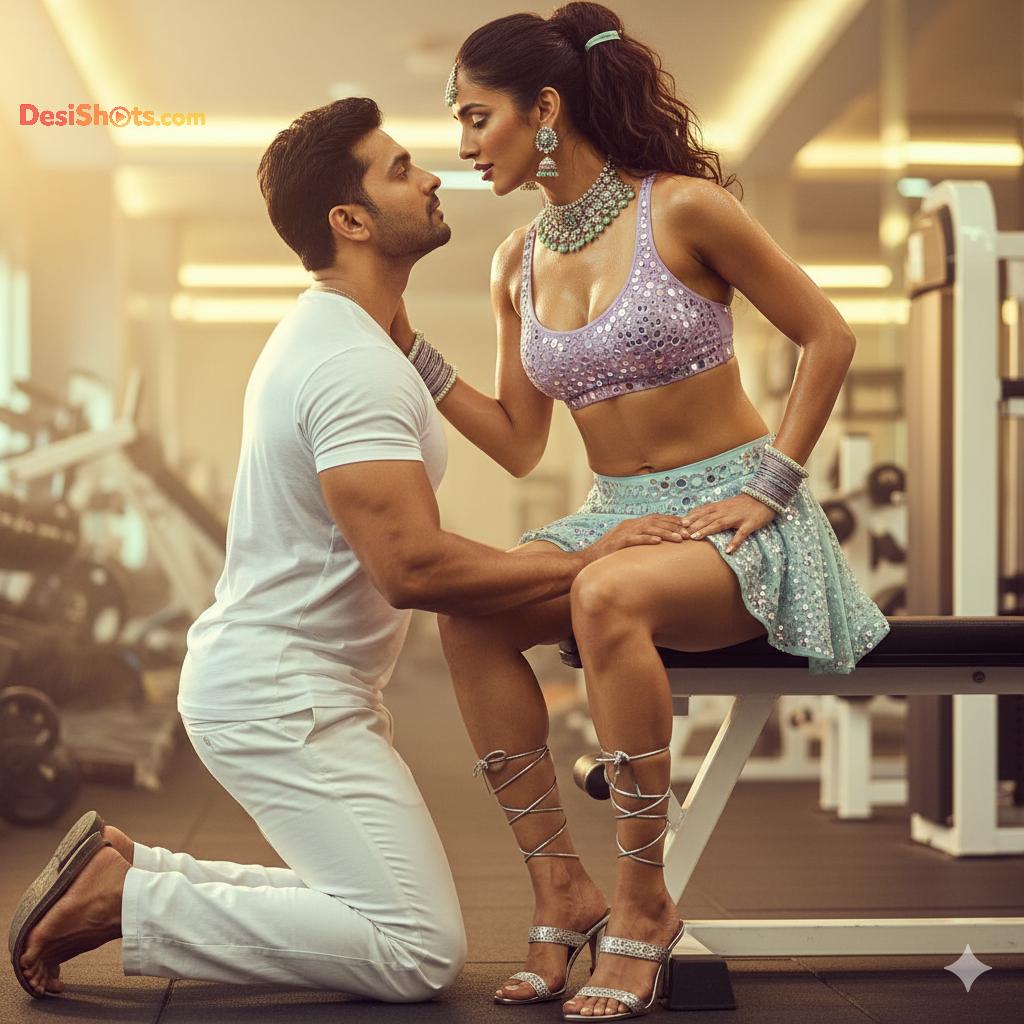 Stunning-Model-in-bridal-jewellary-emballishes-miniskirt-and-sports-bra-working-out-in-gym-and-dominating-her-partner-88