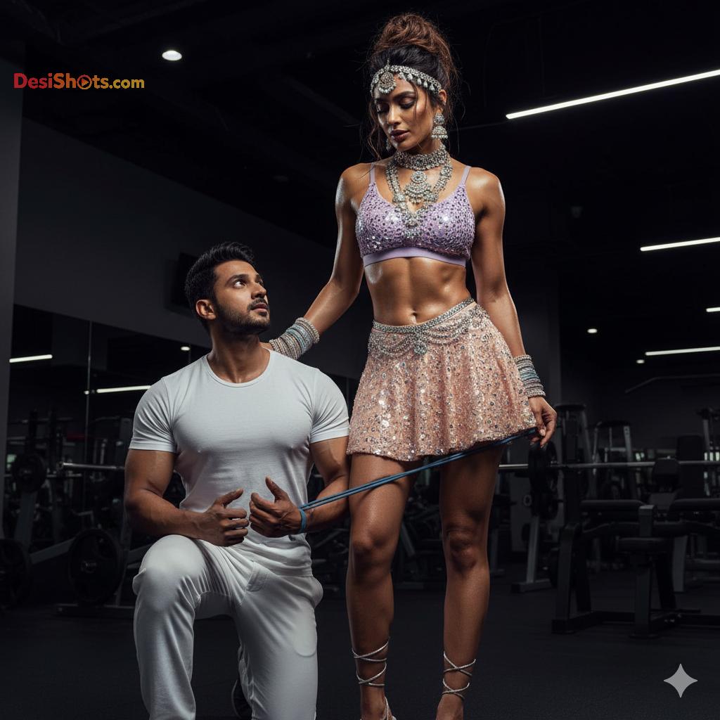 Stunning-Model-in-bridal-jewellary-emballishes-miniskirt-and-sports-bra-working-out-in-gym-and-dominating-her-partner-89