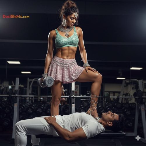 Stunning-Model-in-bridal-jewellary-emballishes-miniskirt-and-sports-bra-working-out-in-gym-and-dominating-her-partner-9