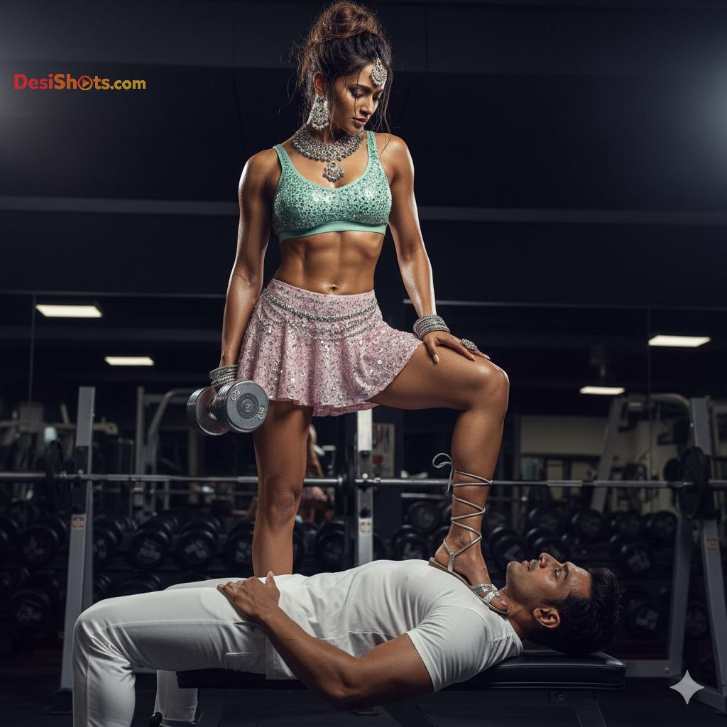 Stunning-Model-in-bridal-jewellary-emballishes-miniskirt-and-sports-bra-working-out-in-gym-and-dominating-her-partner-9