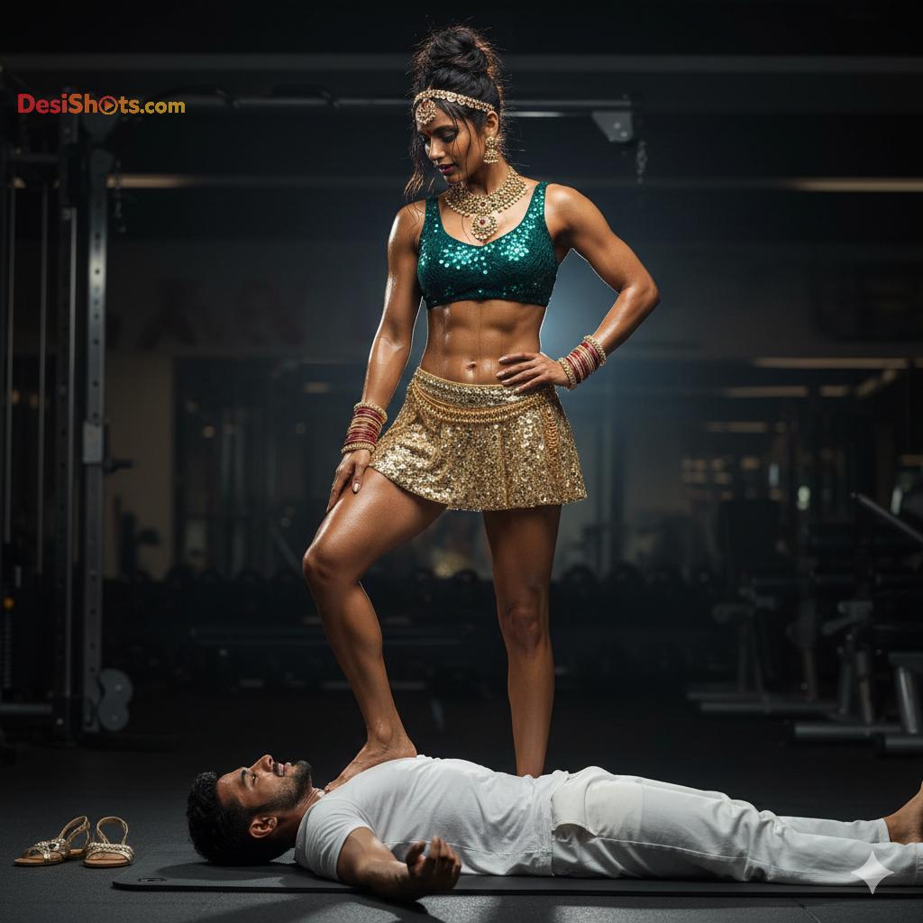 Stunning-Model-in-bridal-jewellary-emballishes-miniskirt-and-sports-bra-working-out-in-gym-and-dominating-her-partner-97
